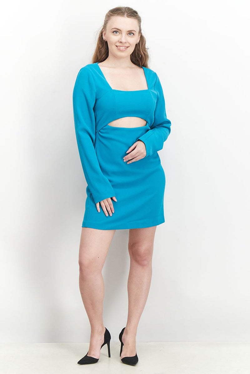 NA-KD Women Squared Neckline Long Sleeve Plain Cut Out Mini Dress, Teal - Image 2